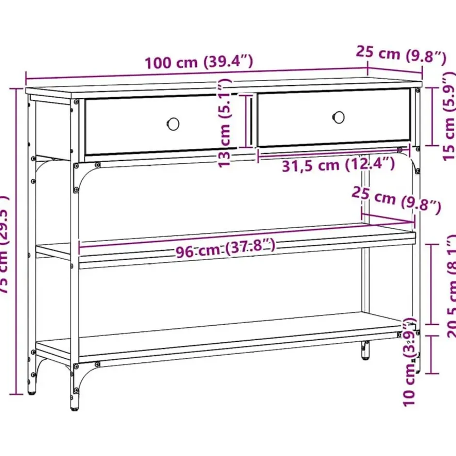 vidaXL - Sidetable met 2 lades 2 schappen - Artisanall eiken - 100x25x75 cm