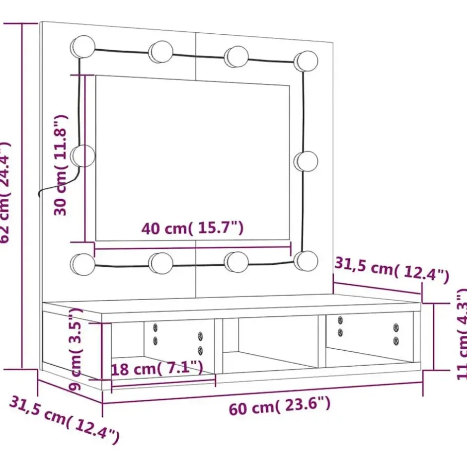 vidaXL - Spiegelkast met LED-verlichting 60x31,5x62 cm grijs sonoma