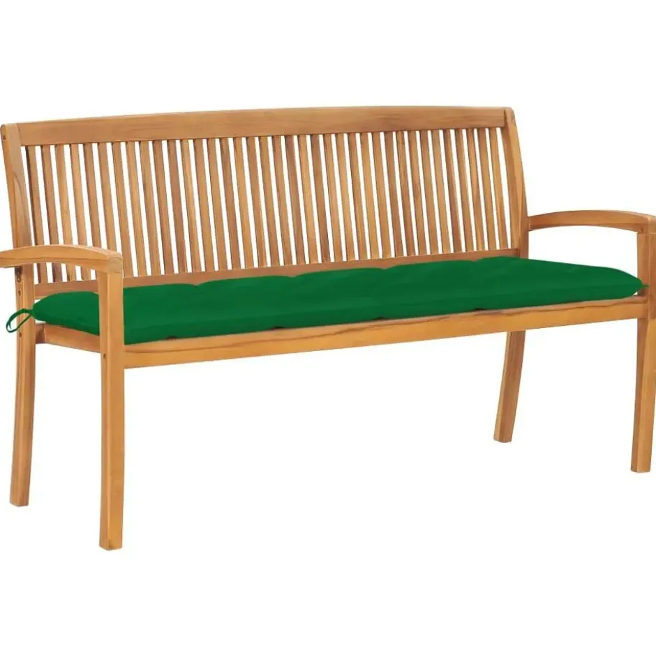 vidaXL - Tuinbank stapelbaar met groen kussen - Teakhout - 159x57.5x90 cm