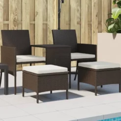 vidaXL - Tuinbank tweezits - Bruin - Poly rattan - Met tafeltje en krukken