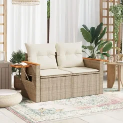 vidaXL - Tuinbank 2-zits - Beige - Poly rattan - Met kussens