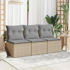 vidaXL - Tuinbank 3-zits - Beige - Poly rattan - Met kussens