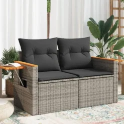 vidaXL - Tuinbank 2-zits - Grijs - Poly rattan - Met kussens