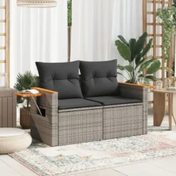 vidaXL - Tuinbank 2-zits - Grijs - Poly rattan - Met kussens