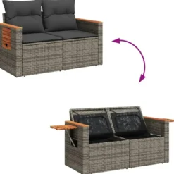 vidaXL - Tuinbank 2-zits - Grijs - Poly rattan - Met kussens