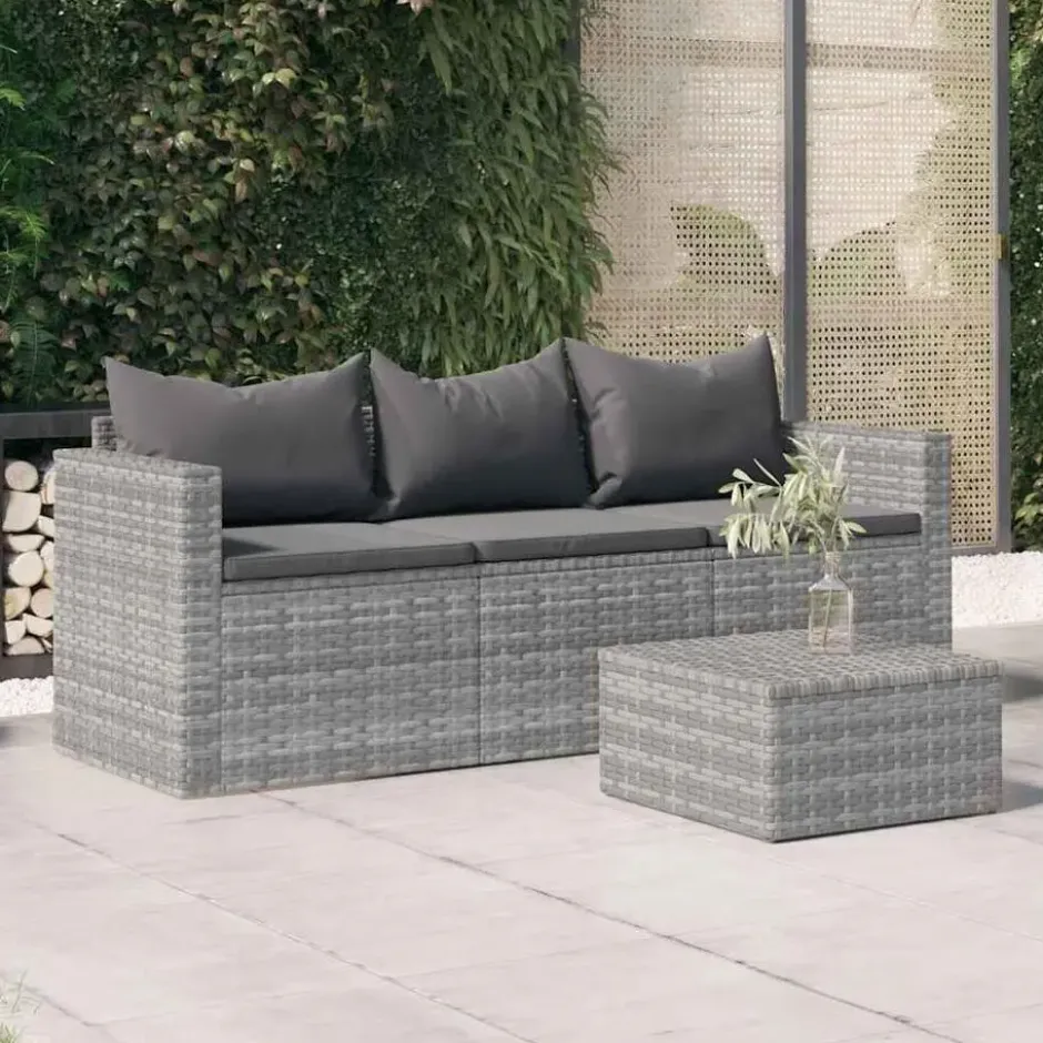 vidaXL - Tuinbank 3-zits - Grijs - Poly rattan - Met kussens