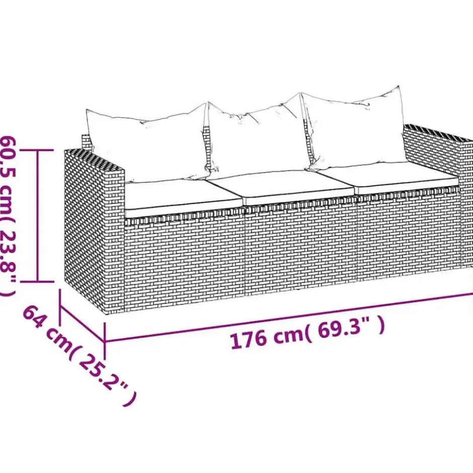 vidaXL - Tuinbank 3-zits - Grijs - Poly rattan - Met kussens