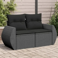 vidaXL - Tuinbank 2-zits - Zwart - Poly rattan - Met kussens