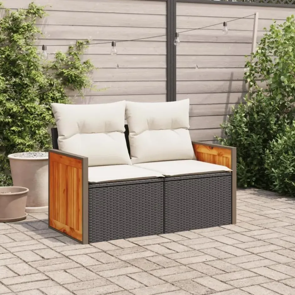 vidaXL - Tuinbank 2-zits - Zwart - Poly rattan - Met kussens