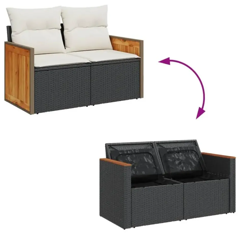 vidaXL - Tuinbank 2-zits - Zwart - Poly rattan - Met kussens