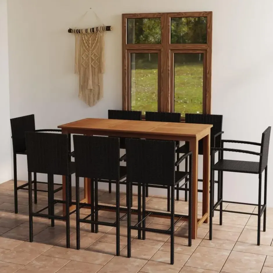 vidaXL - Tuinbarset met Armleuningen - Zwart Poly Rattan - 150x70 cm - 9 St.