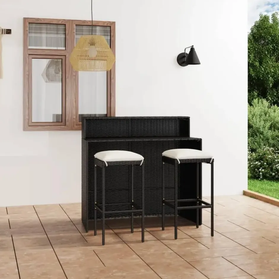 vidaXL Tuinbarset met Dubbel tafekblad en kussens - Zwart Poly Rattan - 3 stuks