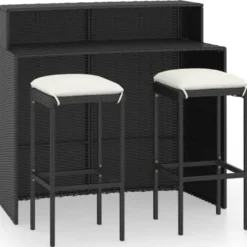 vidaXL Tuinbarset met Dubbel tafekblad en kussens - Zwart Poly Rattan - 3 stuks