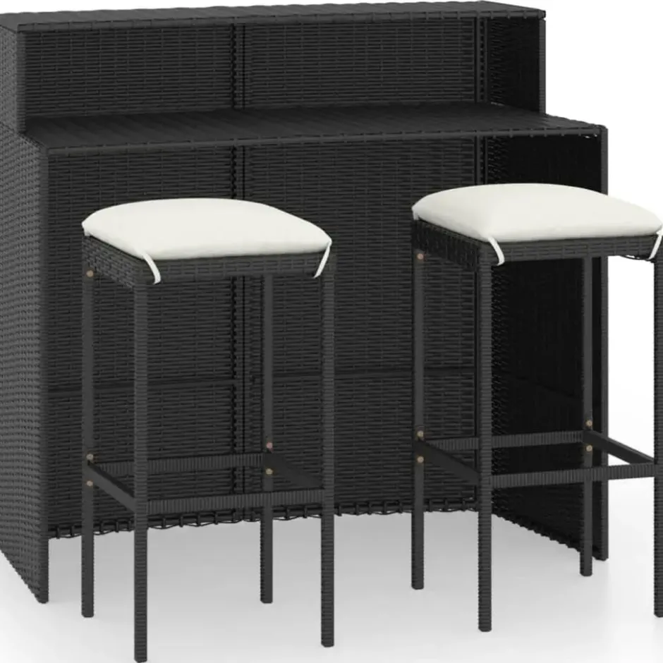 vidaXL Tuinbarset met Dubbel tafekblad en kussens - Zwart Poly Rattan - 3 stuks