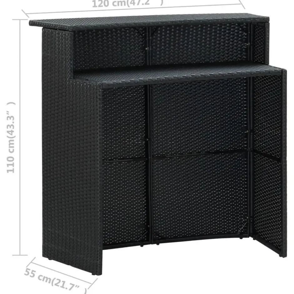 vidaXL Tuinbarset met Dubbel tafekblad en kussens - Zwart Poly Rattan - 3 stuks