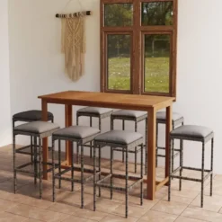 vidaXL - Tuinbarset met Grijs Barkrukken en kussens - Hout - 150x70 cm - 9 St.