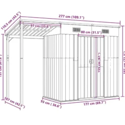 vidaXL - Tuinhuis met verlengd dak lichtgrijs 277x107x181 cm staal