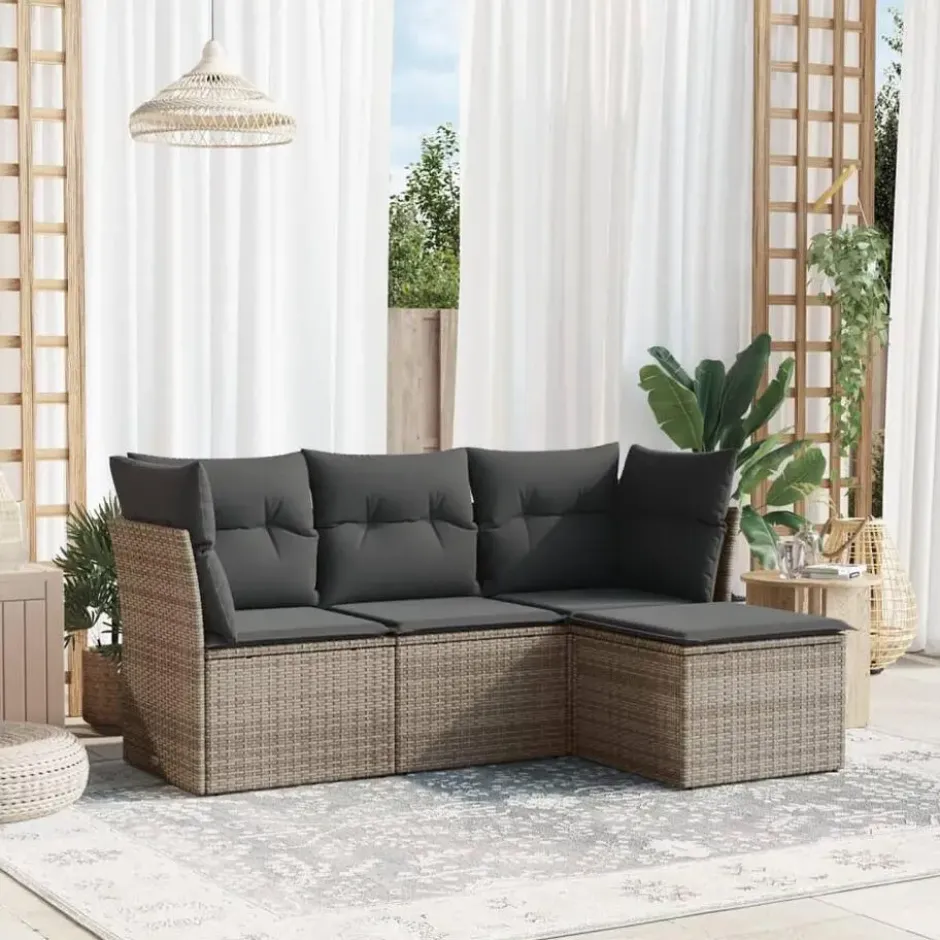 vidaXL Tuin-loungeset met kussens - set van 4 - Grijs - Poly Rattan