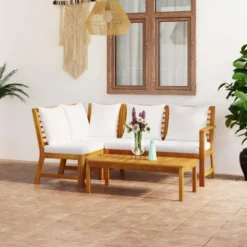 vidaXL - Tuinset - Crème - Acaciahout - 4 stuks - Met kussens