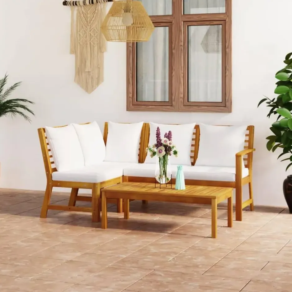 vidaXL - Tuinset - Crème - Acaciahout - 4 stuks - Met kussens