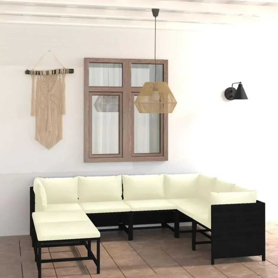 vidaXL - Tuinset - Zwart - Poly rattan - 8 stuks - Met kussens