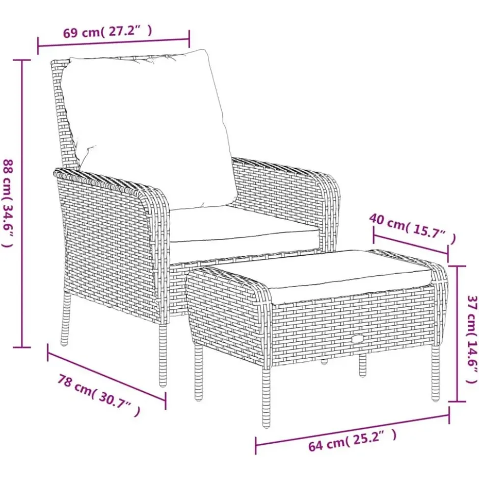 vidaXL - Tuinstoel met voetenbank - Zwart - Poly rattan