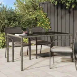 vidaXL - Tuintafel - Grijs - Gehard glas en poly rattan - 150 x 90 x 75 cm