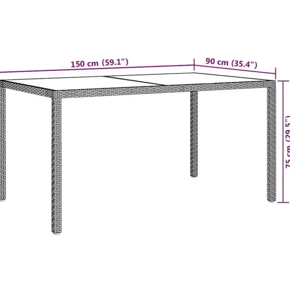 vidaXL - Tuintafel - Grijs - Gehard glas en poly rattan - 150 x 90 x 75 cm