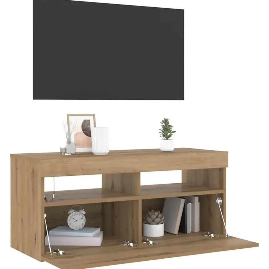 vidaXL - TV-meubel met LED en 2 vakken - Artisanaal eiken - 90x35x40 cm