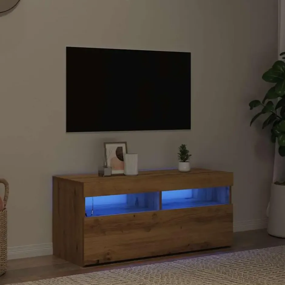 vidaXL - TV-meubel met LED en 2 vakken - Artisanaal eiken - 90x35x40 cm