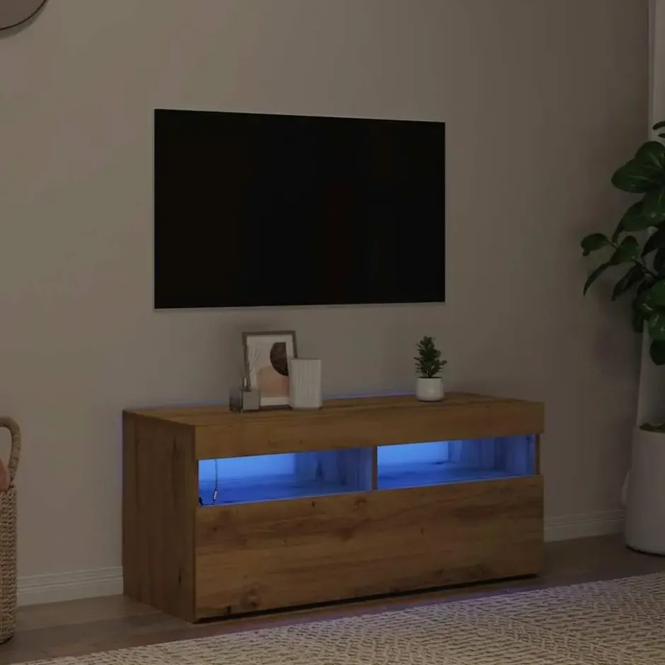 vidaXL - TV-meubel met LED en 2 vakken - Artisanaal eiken - 90x35x40 cm