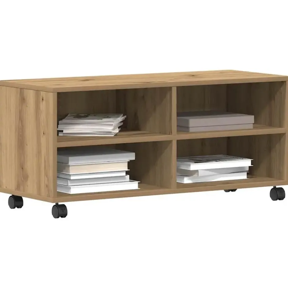 vidaXL - TV-meubel met 4 vakken en 4 wielen - Artisanaal eiken - 90x35x35 cm