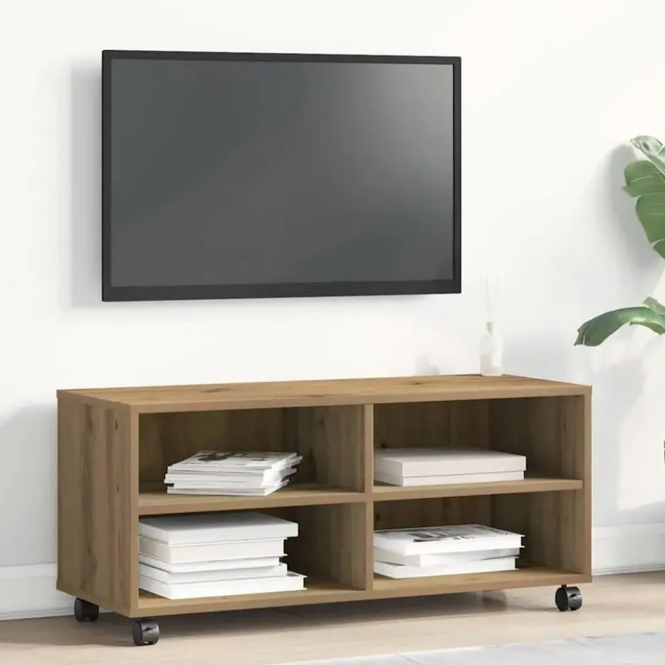 vidaXL - TV-meubel met 4 vakken en 4 wielen - Artisanaal eiken - 90x35x35 cm
