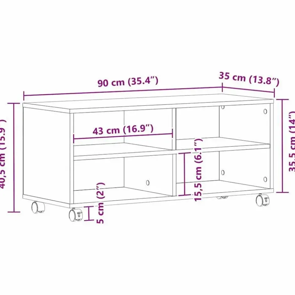 vidaXL - TV-meubel met 4 vakken en 4 wielen - Artisanaal eiken - 90x35x35 cm