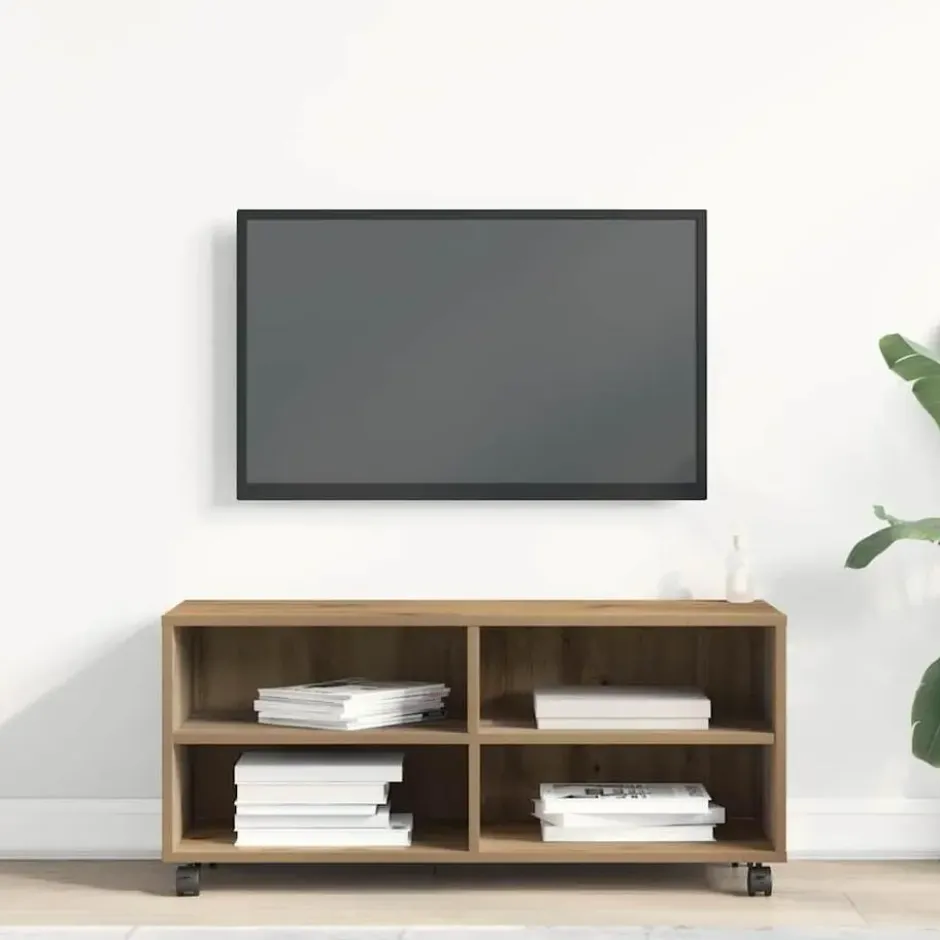 vidaXL - TV-meubel met 4 vakken en 4 wielen - Artisanaal eiken - 90x35x35 cm