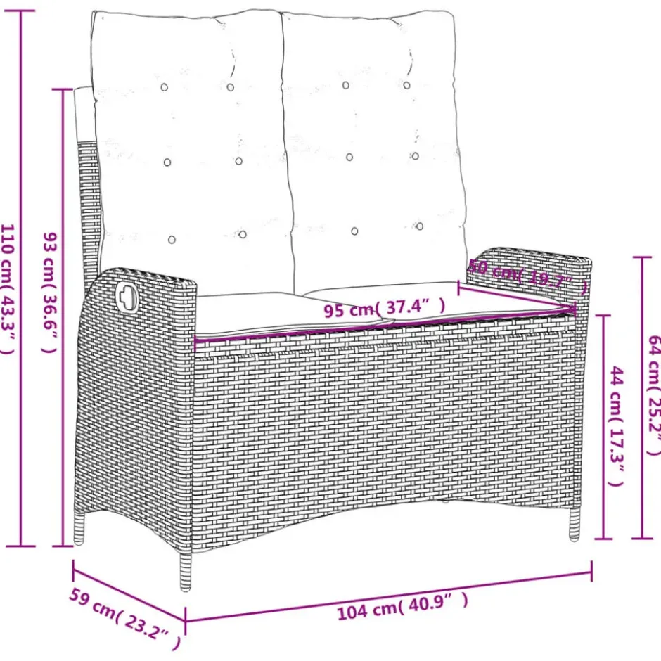 vidaXL - Verstelbare loungebank met crème kussens - Zwart rattan - 104x59x93 cm