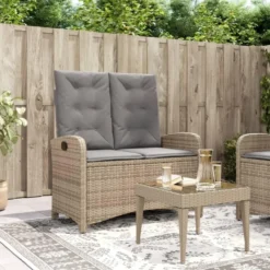 vidaXL - Verstelbare loungebank met grijs kussens - Beige rattan - 105x59x93 cm