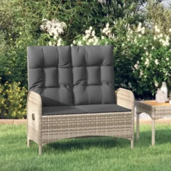 vidaXL - Verstelbare tuinbank met kussens 107 cm - Grijs - Poly rattan