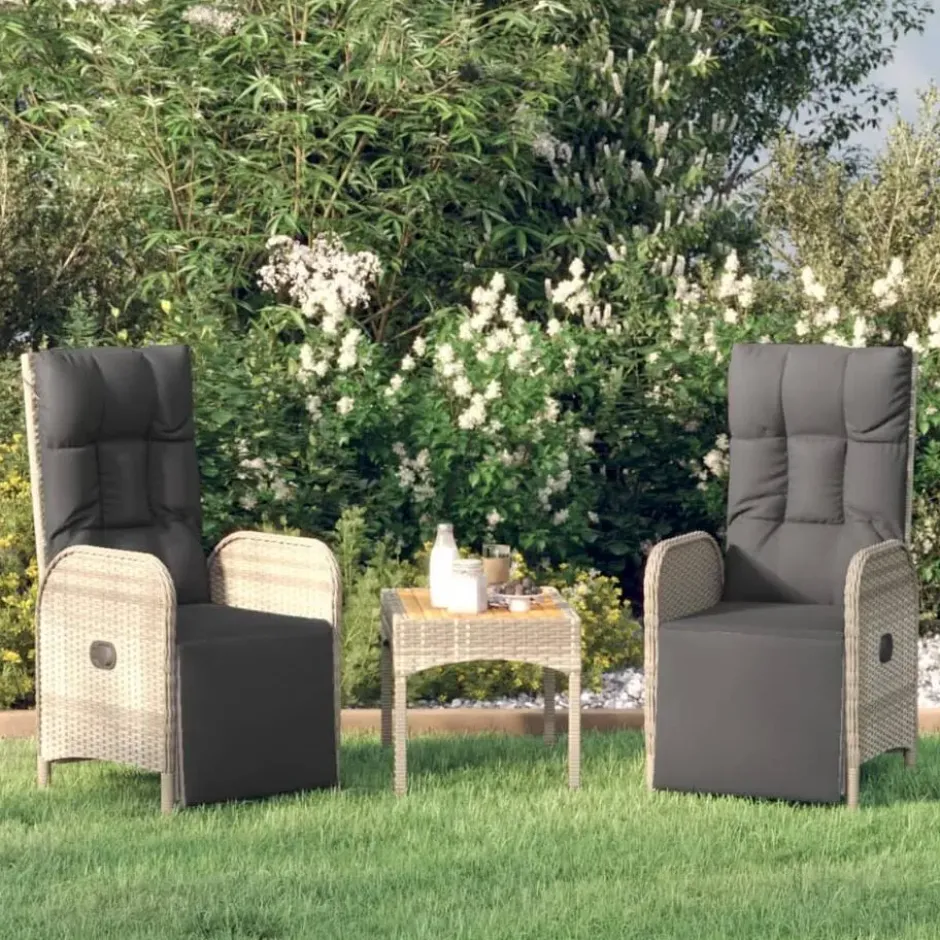 vidaXL - Verstelbare tuinstoelen - Tafel - Grijs - Poly rattan - 3 stuks