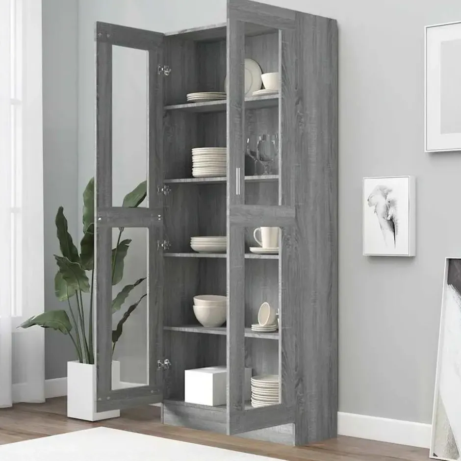 vidaXL - Vitrinekast - Grijs - Bewerkt hout - 82,5x30,5x185 cm