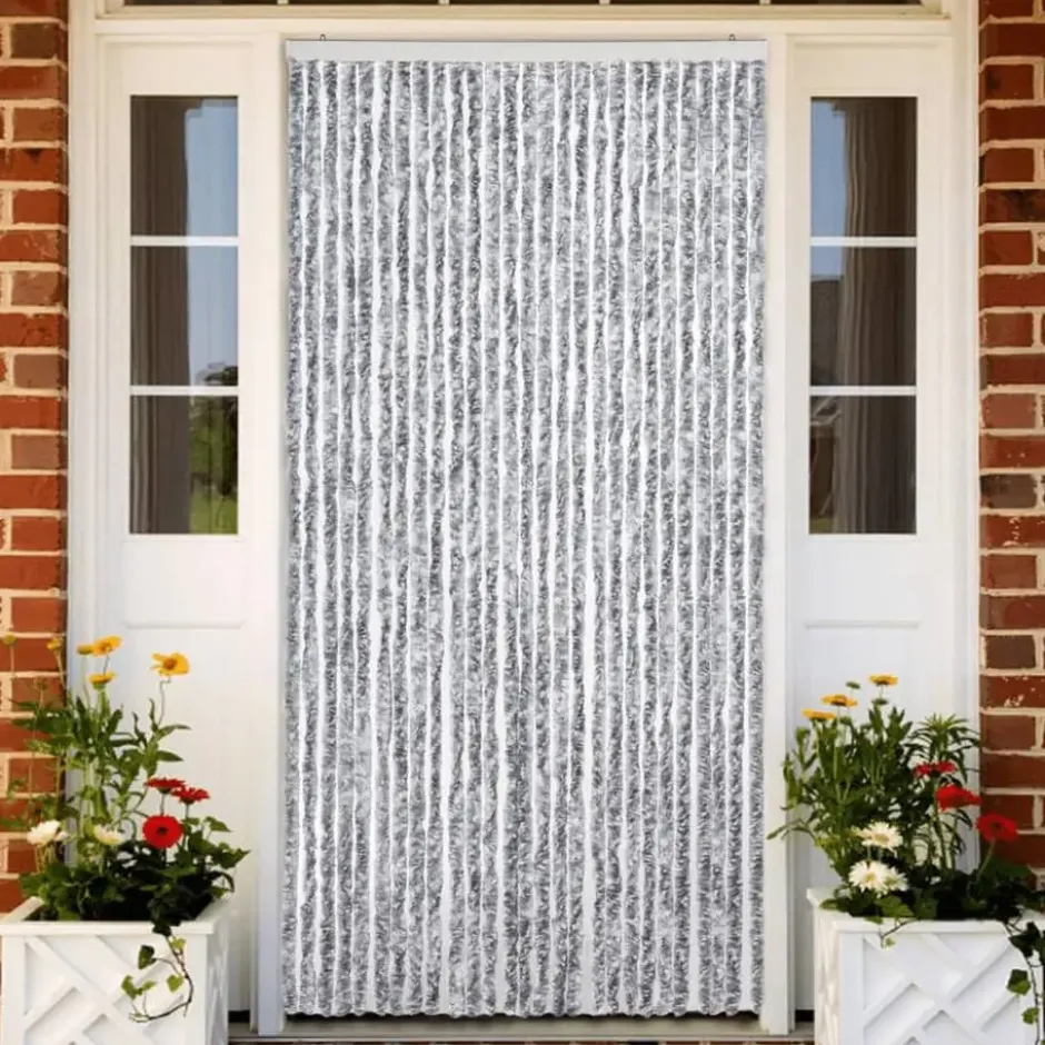 vidaXL - Vliegengordijn voor terrasdeur - Wit en grijs - Chenille - 118x220 cm