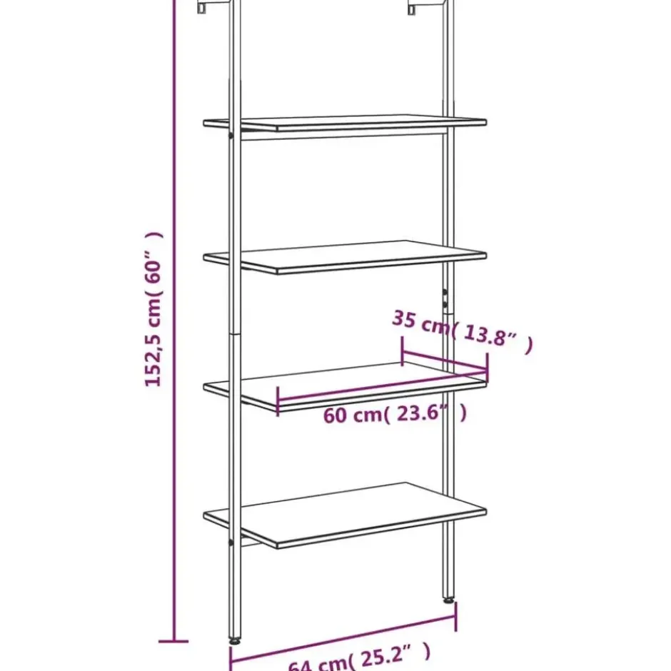 vidaXL - Wandrek met 4 schappen - Lichtbruin - Bewerkt hout - 64 x 35 x 152.5 cm