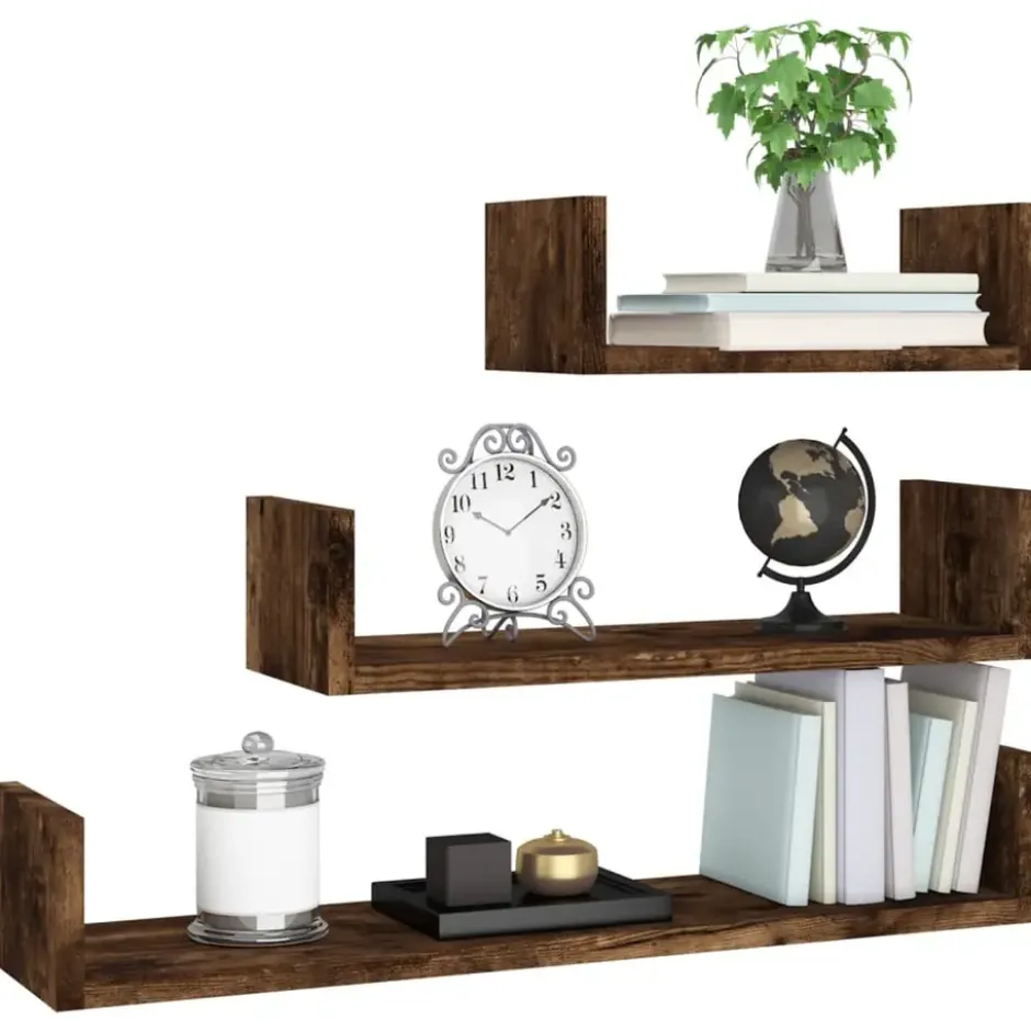 vidaXL - Wandschap - Bruin - Bewerkt hout - 60 x 15 x 10 cm - 3 stuks