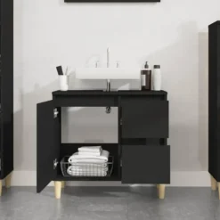 vidaXL - Wastafelonderkast met 1 deur 2 lades - Zwart - Hout - 65x33x60 cm