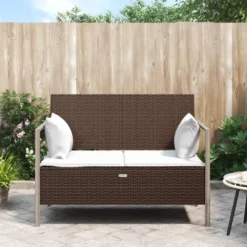 vidaXL - 2-zits Tuinbank met kussens - Bruin - Poly rattan - 112x59x82.5 cm