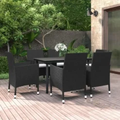 vidaXL - 6-zits Tuinset met wit kussens - Zwart - PE rattan en glas - 140x70 cm