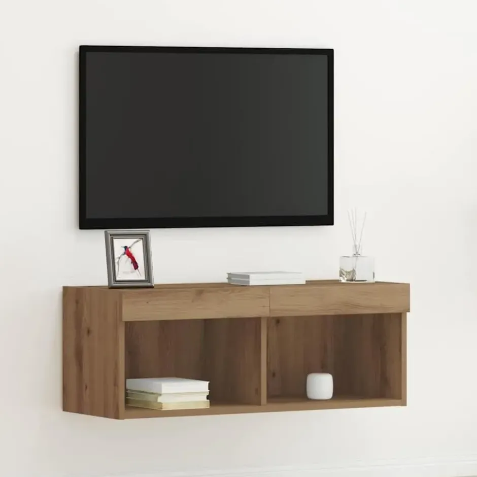vidaXL - Zwevend LED TV-meubel met 2 vakken - Artisanaal eiken - 80x30x30 cm