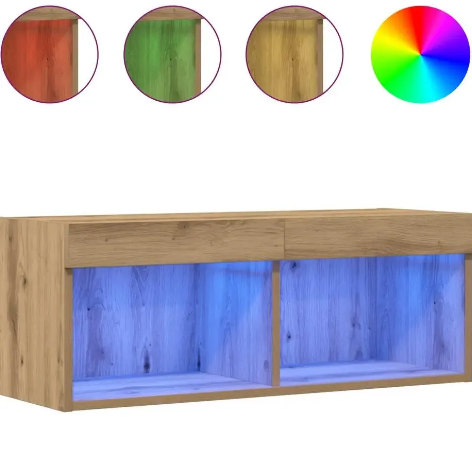vidaXL - Zwevend LED TV-meubel met 2 vakken - Artisanaal eiken - 80x30x30 cm