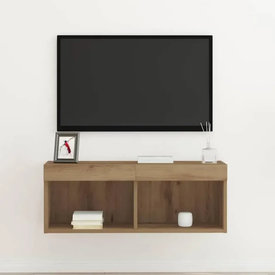 vidaXL - Zwevend LED TV-meubel met 2 vakken - Artisanaal eiken - 80x30x30 cm