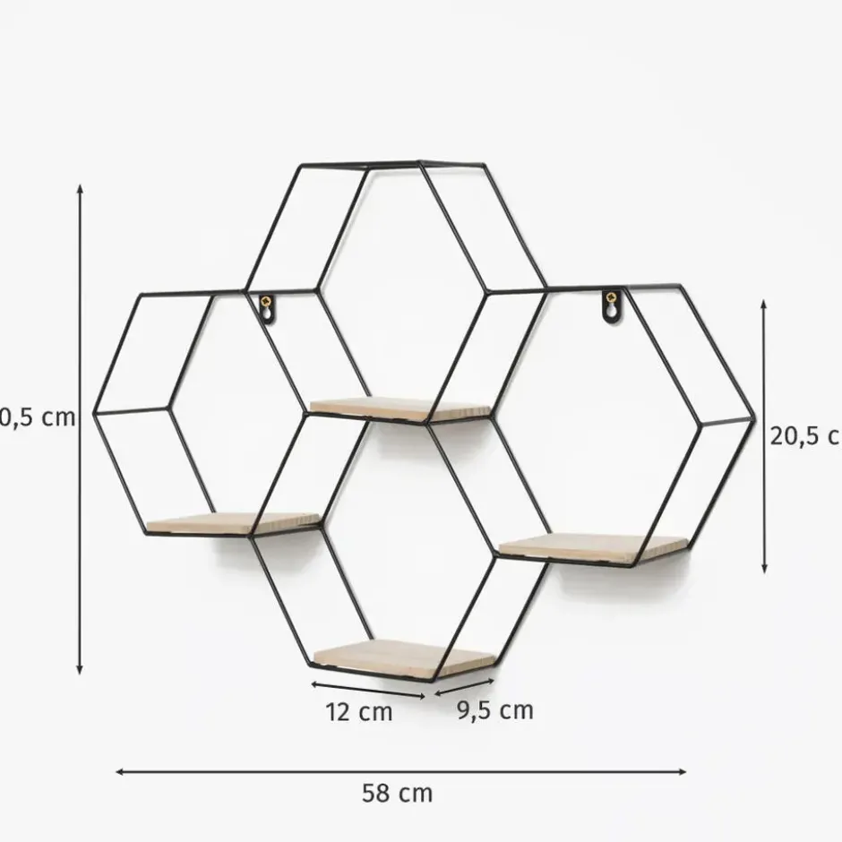 Vierdubbel zeshoekig metalen wandrek met 4 houten plankjes - 40,5x58 cm - Zwart